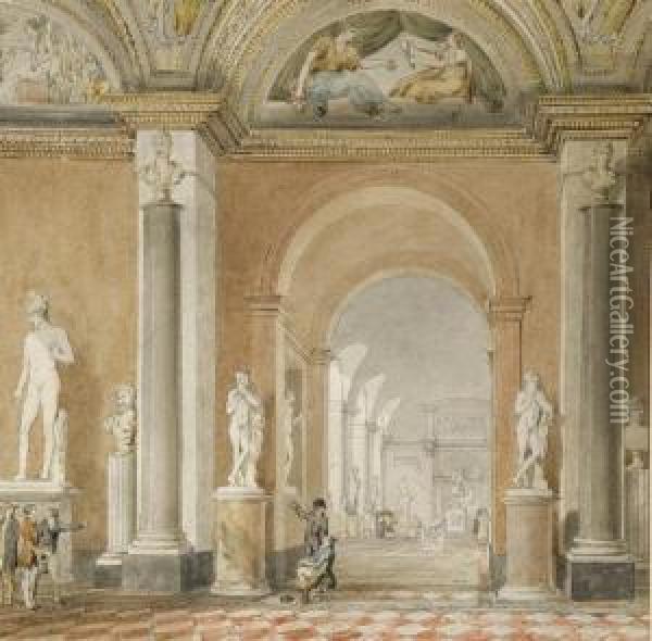 L'ancienne Salle De L'apollon Du Belvedere Au Louvre Oil Painting - Pierre Francois L. Fontaine