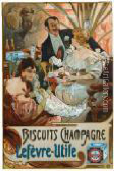 Biscuits Champagne Lefevre-utile Oil Painting - Alphonse Maria Mucha