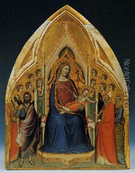 Madonna Col Bambino, San Paolo, San Giovanni Battista, Santo Vescovo, Santo Diacono E Angeli Oil Painting - Jacopo (del Casentino) Landini