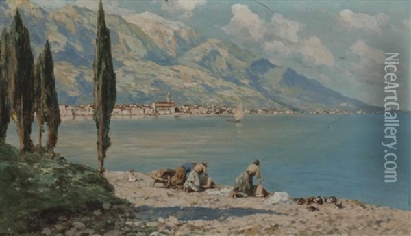 Gardasee - Wascherinnen Am Golf Von Salo Oil Painting - Ferdinando Silvani
