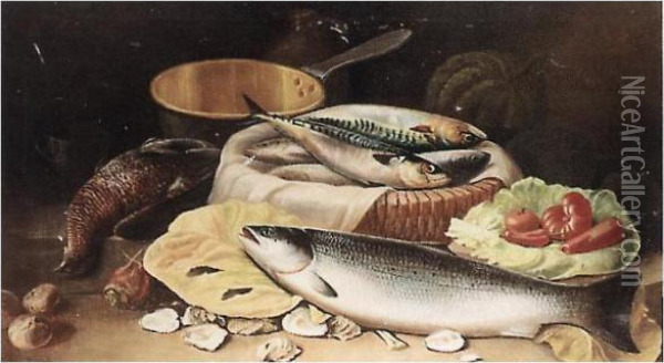 Still Life With Salmon, Trout And Grouse Oil Painting - John Russell