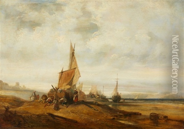 A Coastal Landscape With Sailing Boats And Fi Oil Painting - Jules Achille Noel