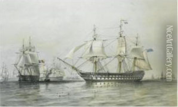 The Fleet Off Hango Oil Painting - Sir Oswald Walter Brierly