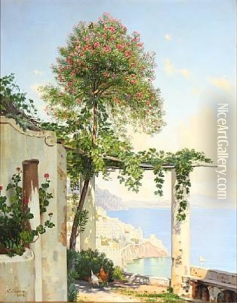 View Down The Coast From A Loggia In Sorrento Oil Painting - Niels Fristrupp