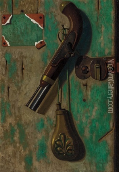 Pistol, Gate Latch, And Powder Horn Oil Painting - John Frederick Peto