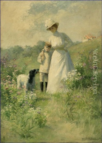 Woman And Young Boy With A Dog On A Flowered Hillside Oil Painting - Mary Belle Williams