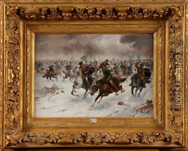 La Charge De La Cavalerie Russe Oil Painting - Adolf (Constantin) Baumgartner-Stoiloff