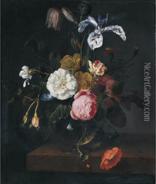 A Still Life Of Roses, Poppies, Ranunculus, Fritillaria, Geranium, Iris And Other Flowers In A Glass Vase On A Ledge Oil Painting - Cornelis Kick