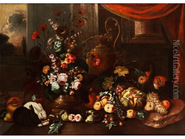 Grosses Blumen- Und Fruchtestilleben Mit Prunkgeschirr Oil Painting - Giovanni Paolo Castelli (lo Spadino)