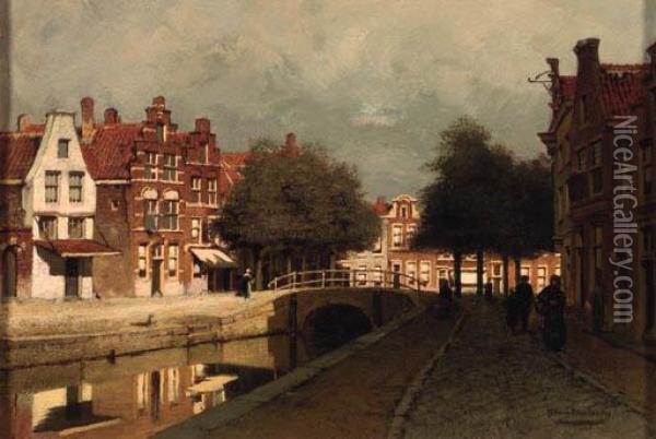 A Canal In A Town Oil Painting - Johannes Christiaan Karel Klinkenberg