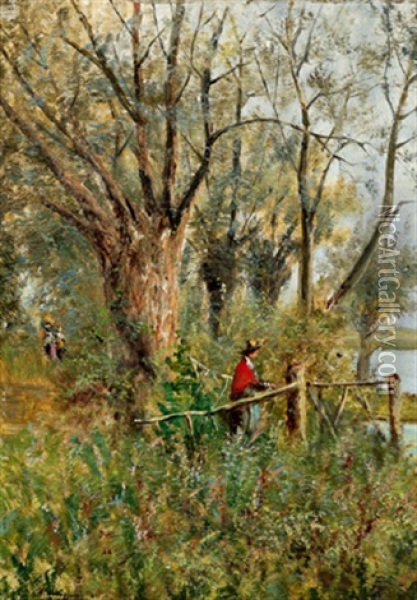 Spazierganger In Fluslandschaft Oil Painting - Auguste Allonge