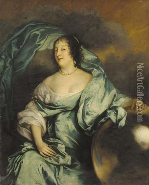 Portrait Of Rachel, Countess Of 
Southampton, As Fortune, Seated Three-quarter-length, In A White Dress 
And Blue Wrap, Her Hand Resting On A Globe Oil Painting - Sir Anthony Van Dyck