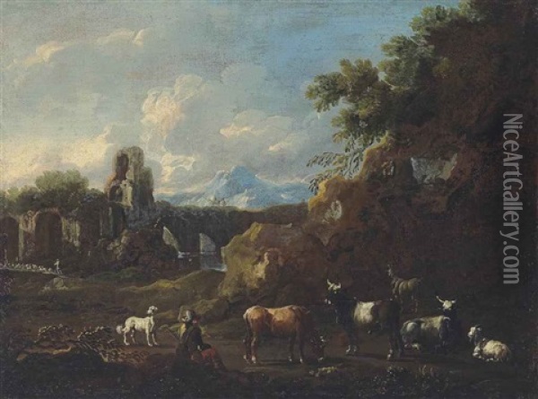 A Wooded Landscape With A Shepherd And His Flock, Ruins Beyond Oil Painting - Johann Melchior Roos