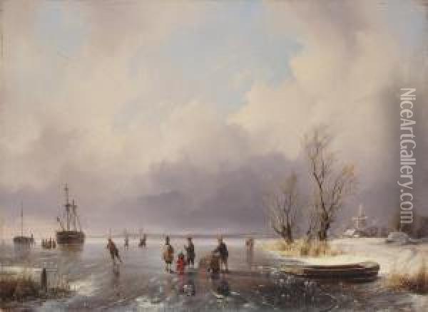 Iceskaters In A Dutch River Landscape Oil Painting - Remigius Adriannus van Haanen