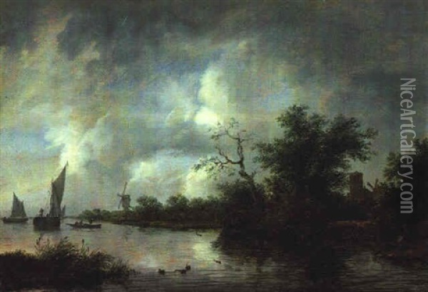 Fluslandschaft Mit Booten Und Einem Angler, Im Hintergrund Eine Stadt Oil Painting - Isaak van Ruisdael