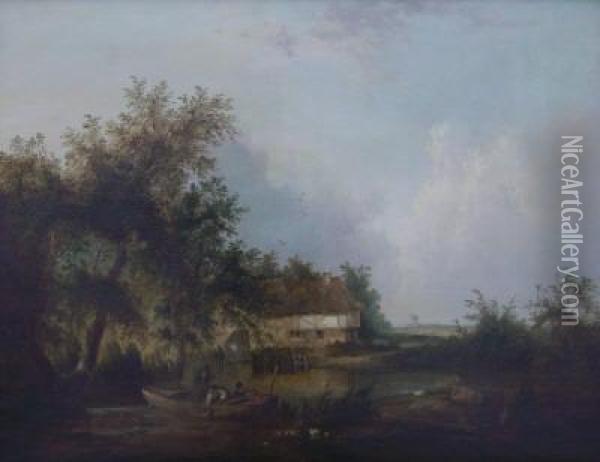 Three Men Fishing In A Boat On A
 Pond, Two Sheep Inforeground, A Woman On Jetty Before A Thatched 
Cottage Inbackground, A Windmill In The Distance Oil Painting - Henry John Boddington