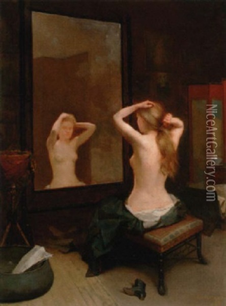 A Young Beauty Attending To Her Hair Oil Painting - Albert Cresswell