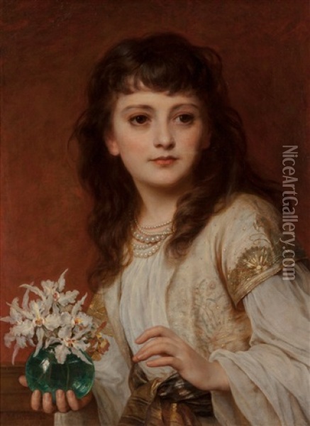 A Young Beauty Holding A Vase Of Orchids, 1886 Oil Painting - Thomas Francis Dicksee