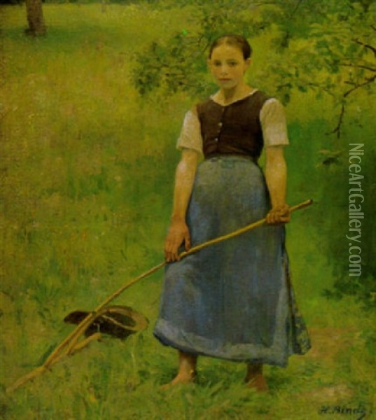 Landmadchen Mit Harke Oil Painting - Heinrich Binde