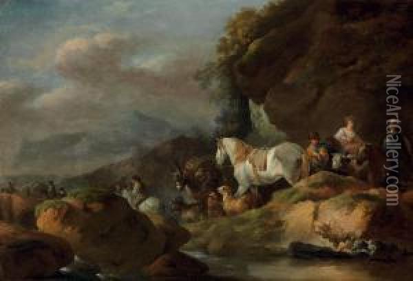 A Herder And Travelers On A Mountain Pass Near A Stream Oil Painting - Francesco Giuseppe Casanova