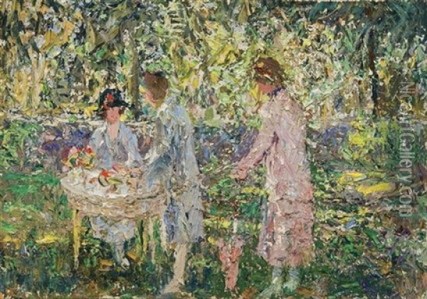 Garden Tea Party (+ Wooded Landscape; Pair) Oil Painting - Wilson Henry Irvine