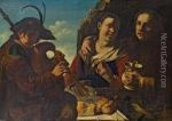 Junges Paar Bei Tisch Mit Dudelsackpfeifer Oil Painting - Giacomo Francesco Cipper