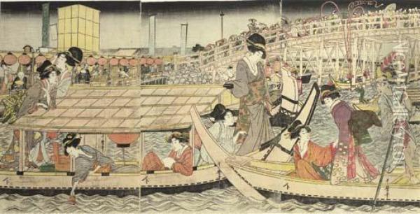 Pleasure Boat, Sumida River Oil Painting - Kitagawa Utamaro