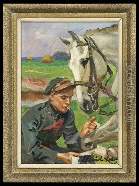 Uhlang Bandaging Horse Oil Painting - Woiciech (Aldabert) Ritter von Kossak