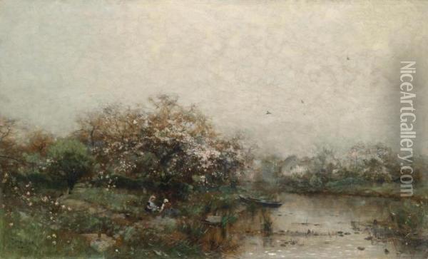 Two Women In A Blossoming Landscape With Pond Oil Painting - Ludwig Munthe
