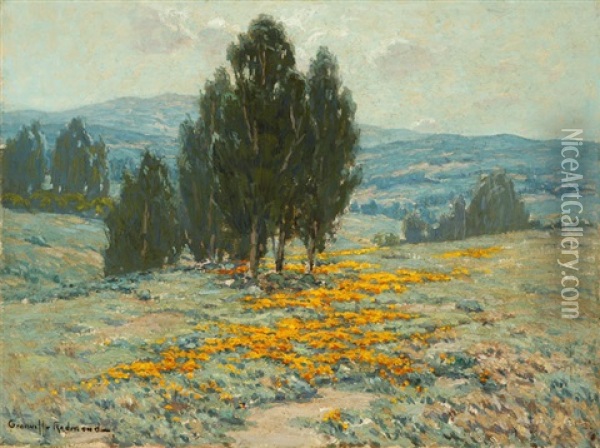 California Landscape With Eucalyptus Trees And Poppies Oil Painting - Granville S. Redmond