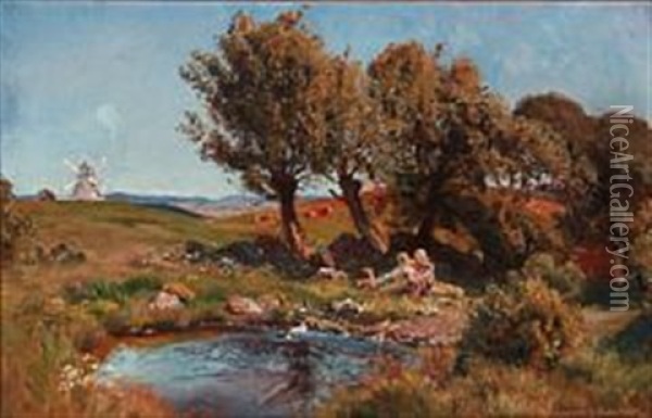 Summer Landscape With Two Children At A Pond Oil Painting - Viggo Pedersen