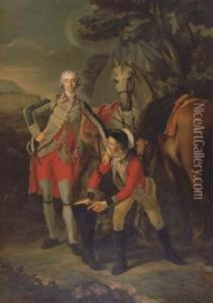Portrait Of Charles Grant, 
Vicomte De Vaux, In Uniform As A Lieutenant Colonel Of The Garde Du Roi,
 Attended By His Groom With Their Horses, A Fortress Beyond Oil Painting - Louis Rolland Trinquesse