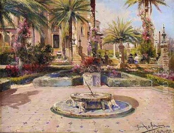 El Reloj De Sol (courtyard With A Sundial) Oil Painting - Manuel Garcia y Rodriguez