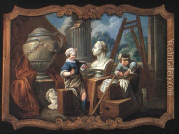 Two Young Artists Working In Their Studio Oil Painting - Carle van Loo