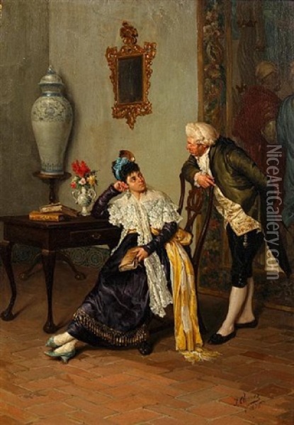 Interior Scene With Seated Lady And Gentleman Attending Her Oil Painting - Jose Chavez y Artiz