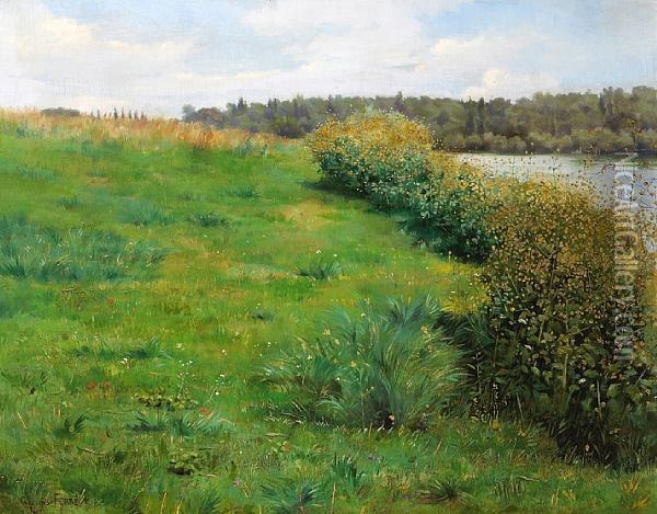 A River Landscape In Summer Oil Painting - Georges Ferre