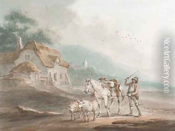 A drover with his horse, sheep and two calves, on the way to market Oil Painting - Peter La Cave