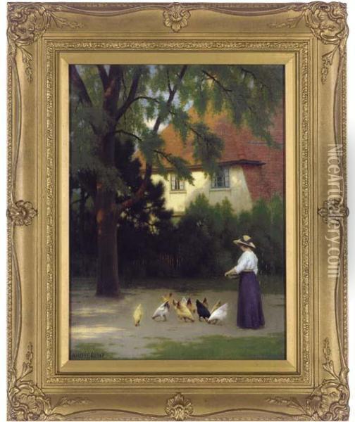 Feeding The Chickens Oil Painting - Alfred Henry Dyer