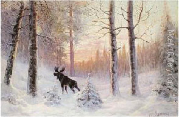 Elk In The Forest Oil Painting - Wladimir Leonidovich Murawjoff