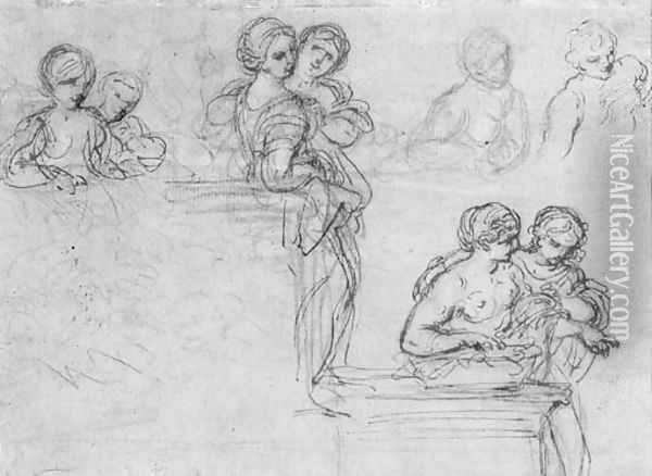 Studies of half-length figures leaning on plinths Oil Painting - Pietro Da Cortona (Barrettini)