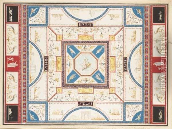A Design For A Ceiling With Jupiter In The Centre, Surrounded Bygrotesques And Four Views Of Antique Monuments Oil Painting - Vincenzo Brenna