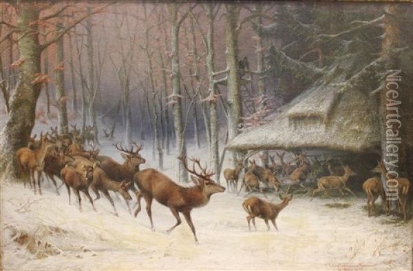 Elk Herd Oil Painting - Ludwig Beckmann