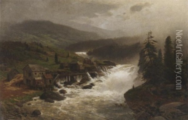 Tosender Wasserfall Im Norwegischen Hochland. Am Ufer Ein Sagewerk Oil Painting - Karl Paul Themistocles von Eckenbrecher