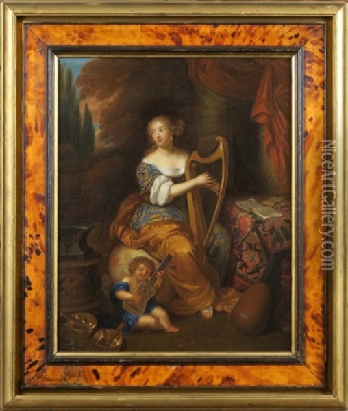 Joueuse De Harpe Et Enfant Jouant De La Guitare Oil Painting - Caspar Netscher
