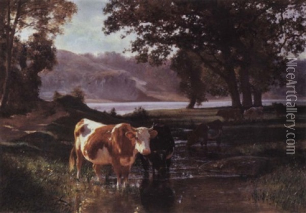 Cattle Watering Oil Painting - Auguste (Francois Auguste) Bonheur