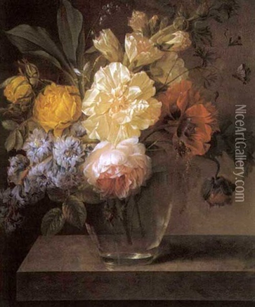 Nature Morte De Fleurs Dans Un Vase En Verre Sur Un Entablement Oil Painting - Joseph-Laurent Malaine