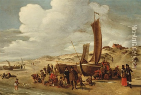 A Beach Scene With Fisher Folk And Moored Boats Oil Painting - Cornelis Beelt