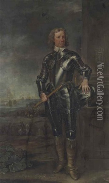 Portrait Of Oliver Cromwell, Lord Protector Of England, In Armour, A Seascape With Men-o'-war Beyond Oil Painting - Charles Jervas