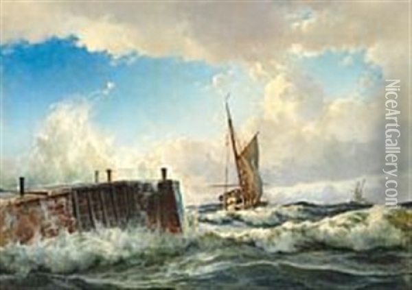 A Sailing Boat Is Passing The Harbour Pier In Rough Sea Oil Painting - Holger Henrik Herholdt Drachmann