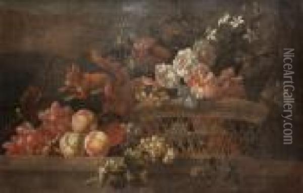 Roses, Chrysanthemums, 
Convulvulus And Other Flowers In A Basket With A Red Squirrel Climbing 
On Peaches And Grapes On A Table Top Oil Painting - Pieter III Casteels